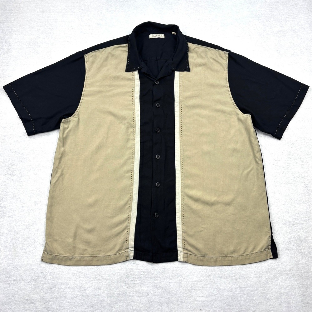Paradise Collection 100 Silk Bowling Shirt Mens XXL Black Tan Camp Collar Retro
